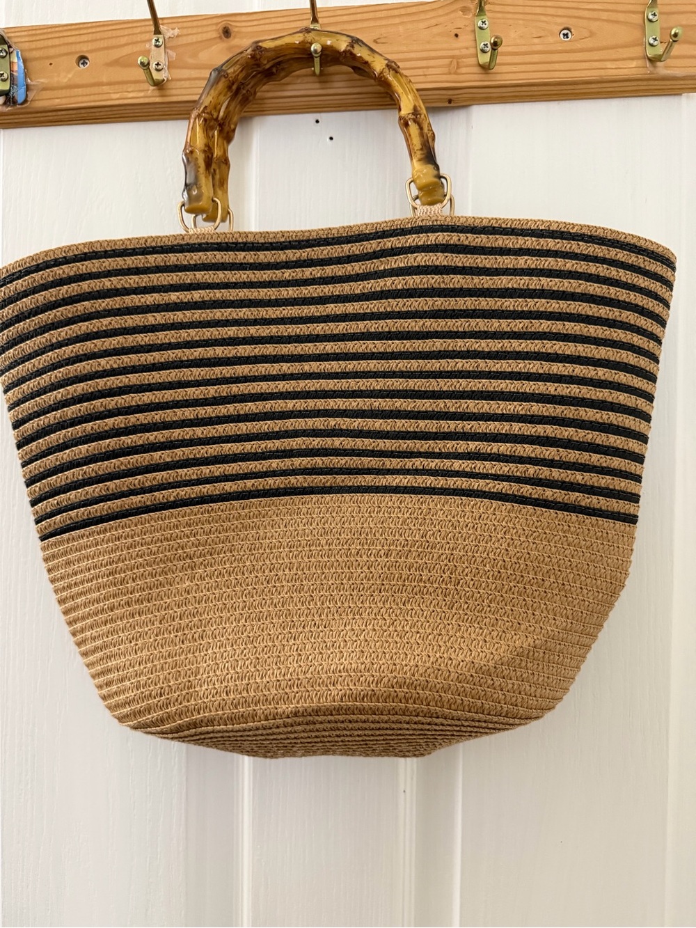 Tan & Black Straw Tote with Bamboo-Style Handles